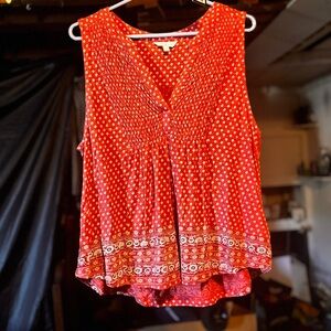 Lucky Brand Vibrant Reddish and White Prairie Style Cotton Blouse/Tank Top